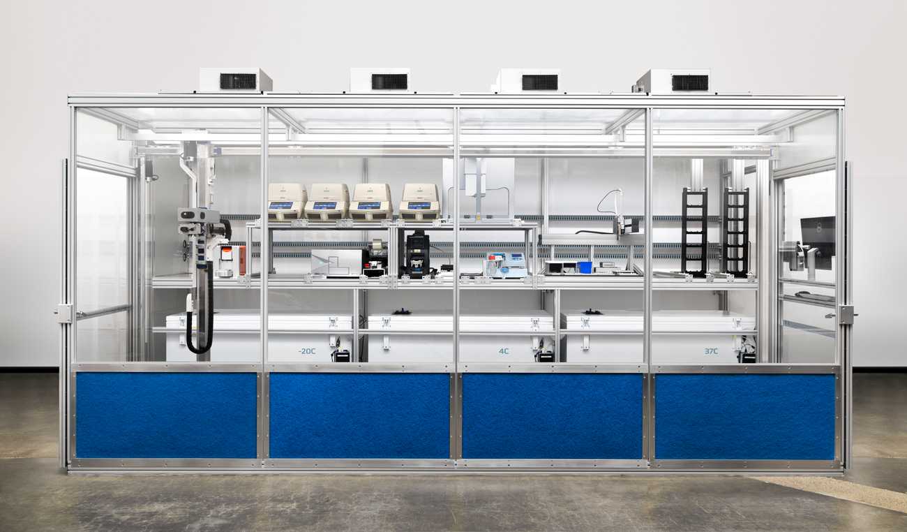 One of the robotic workcells in operation in the Menlo Park robotic lab facility.