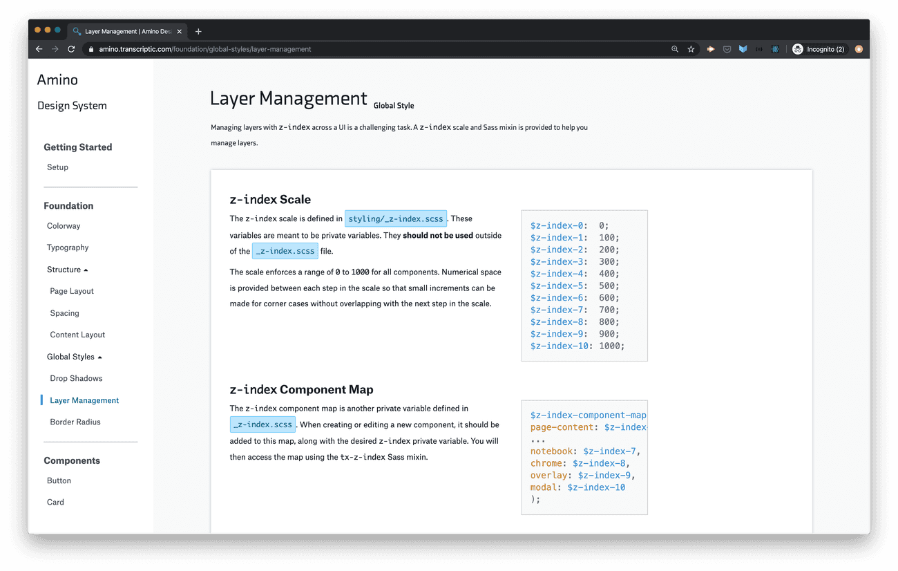Other utilities, such as Amino's z-index system, are detailed on separate pages and draw directly from Amino's Sass code as much as possible.