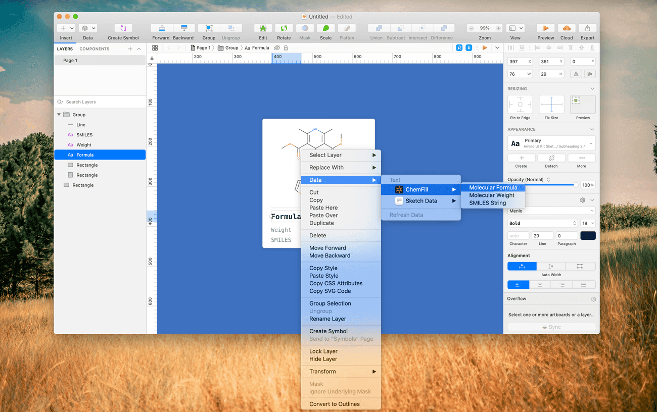Select any text box and populate it using the chemical data type of your choice.