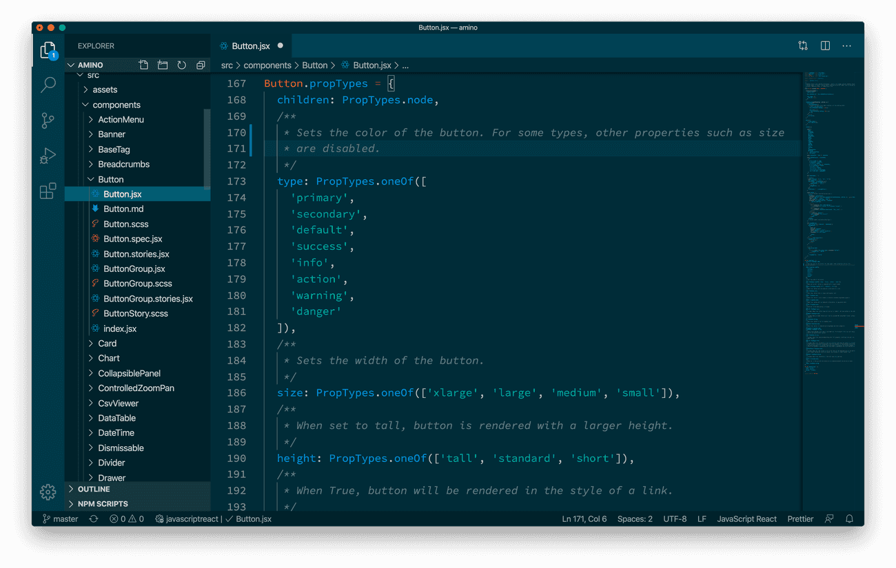 Inline API documentation in the JSX file of Amino's Button component.