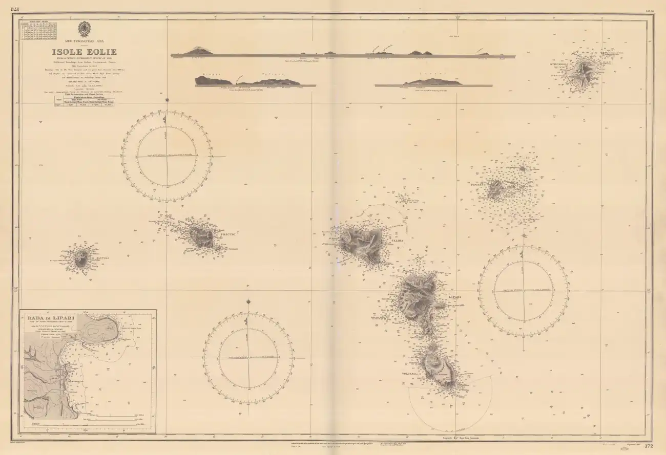 The Aeolian Islands on a British Admiralty Chart including Stromboli, Vulcano, Lipari, Salicudi, Salina and Alicudi.