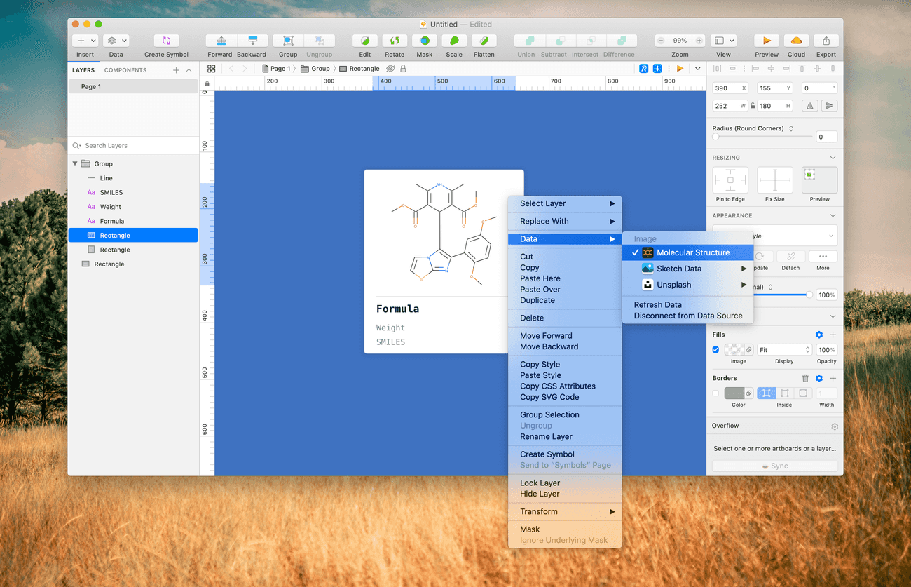 Select a shape and fill it with an image of a compound using the Data flyout menu.