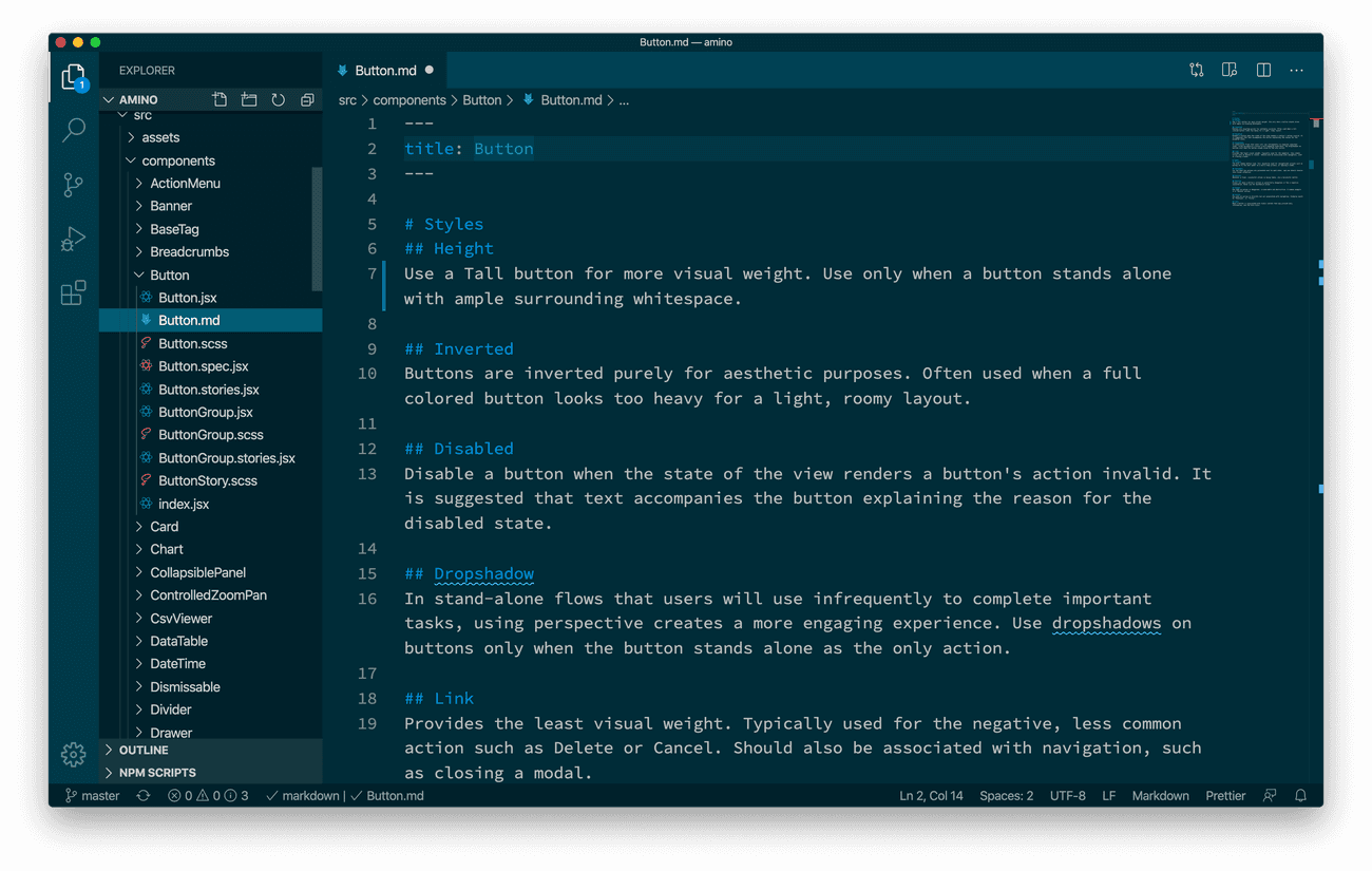 The MarkDown file that accompanies Amino's Button component.